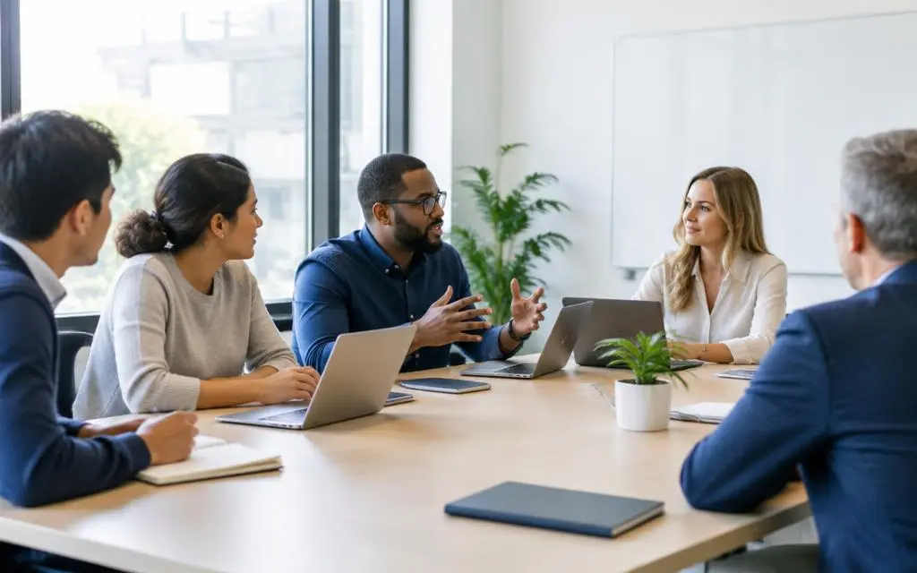 Professionals collaborating around a meeting table
